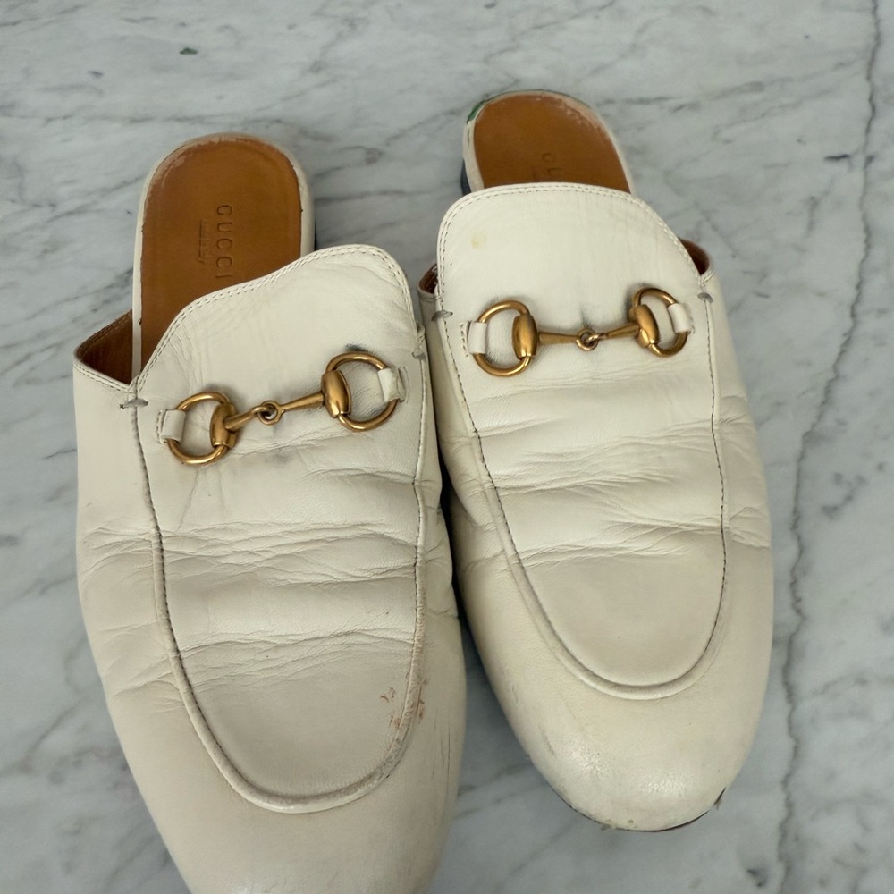 Gucci White Leather Loafers with Gold Hardware